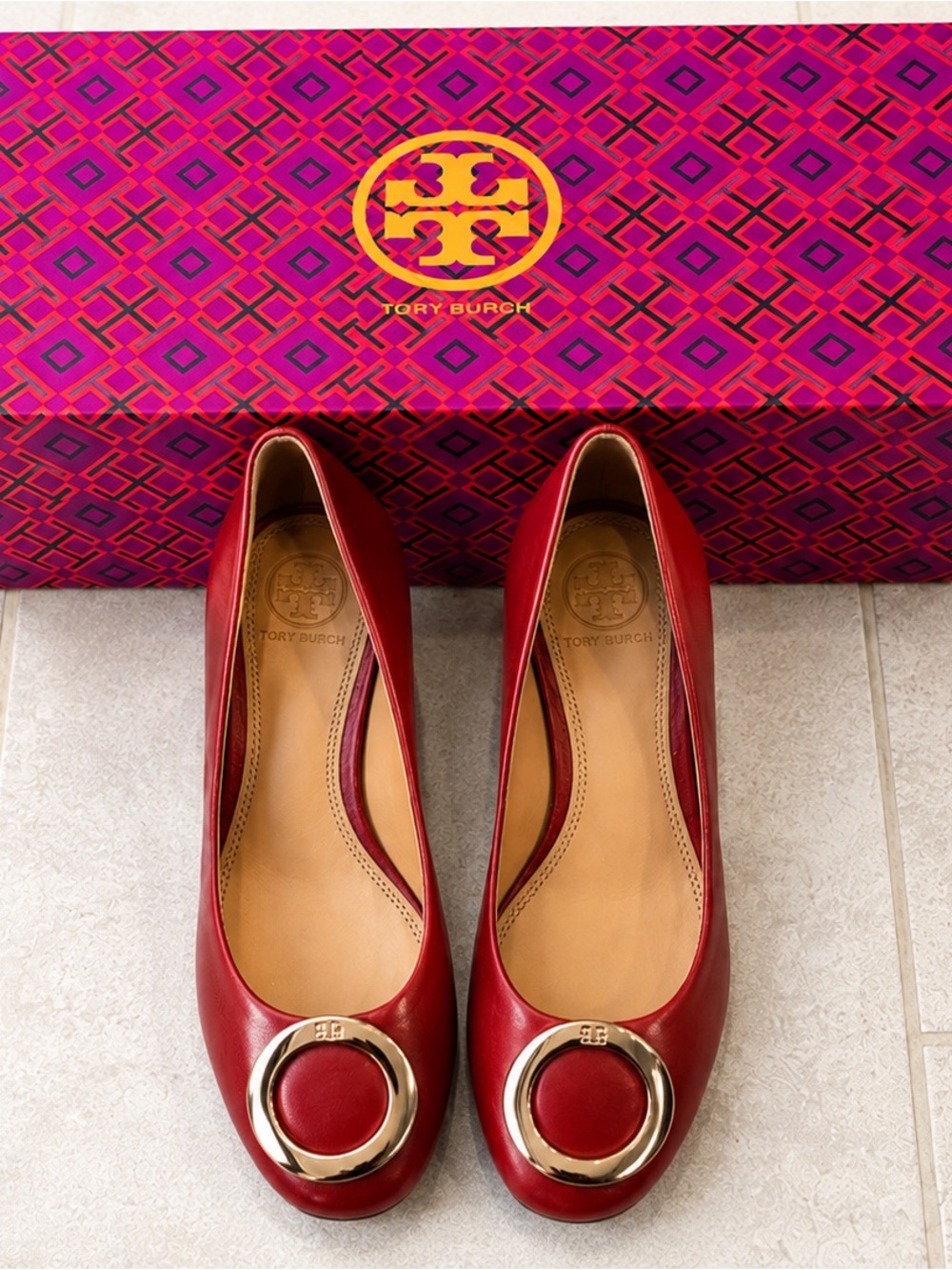 Tory Burch Caterina Redstone Leather Pumps Block Heel Size 6